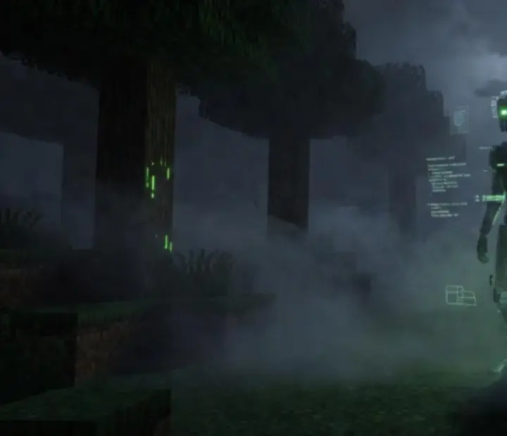Stylized AI companion silhouette watching the player in a dark Minecraft-like forest
