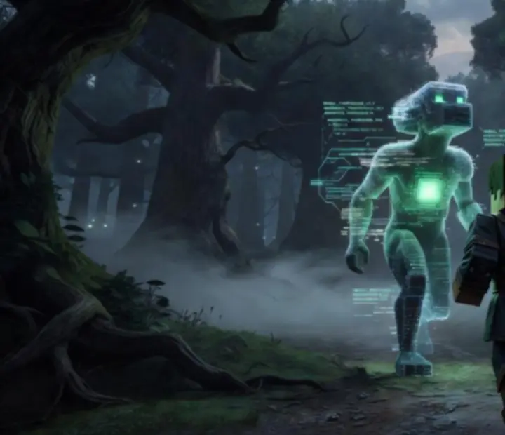 Glowing AI silhouette in a dark Minecraft forest, representing Verity as an intelligent companion