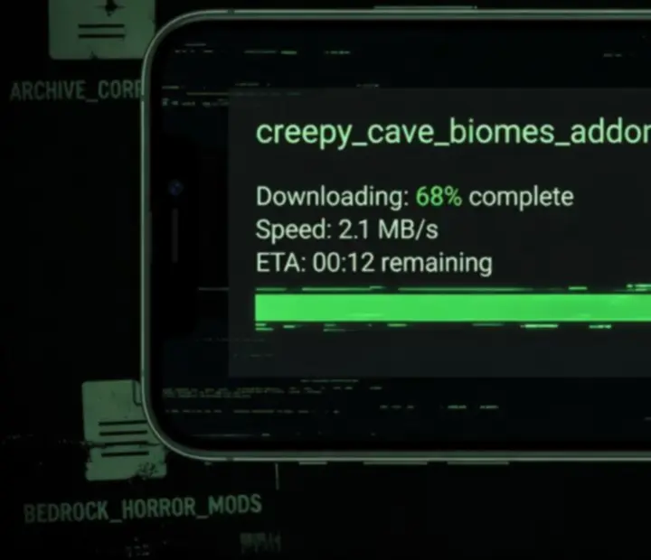 Illustration of downloading a Minecraft Bedrock addon file from a secure horror mod source