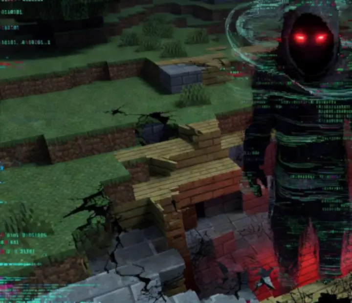Glitched Entity 303 figure emerging from corrupted Minecraft code
