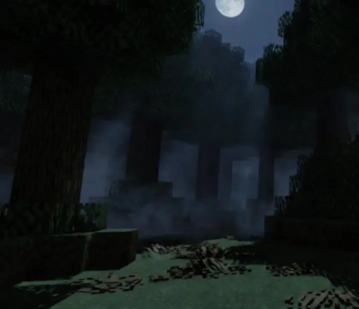 Herobrine silhouette watching from a dark Minecraft forest