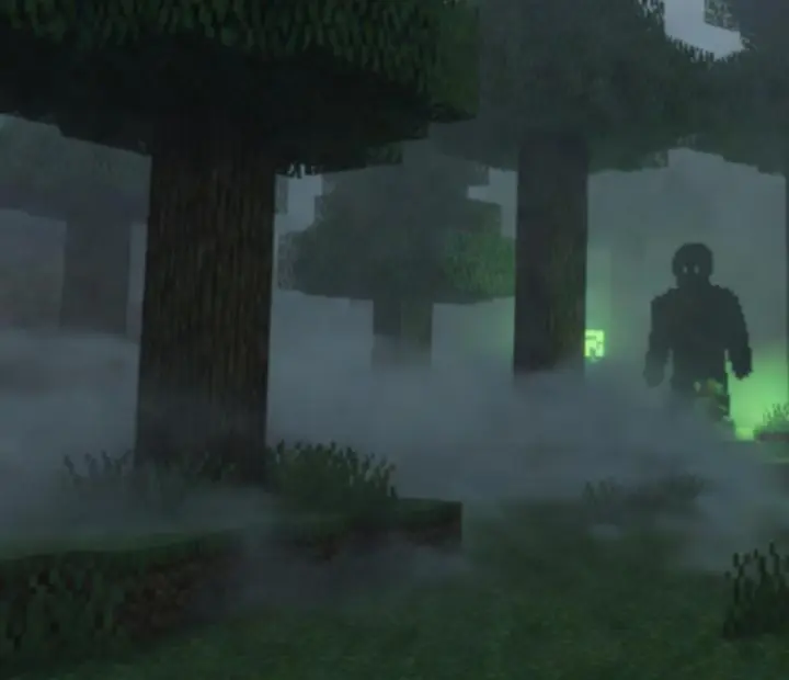 Man from the Fog standing in misty Minecraft woods