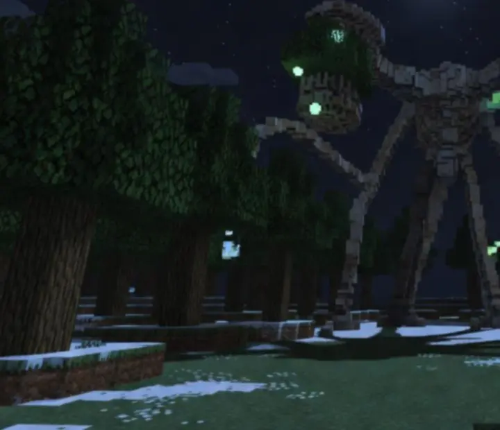 Siren Head towering in a foggy Minecraft-style forest with distant lights