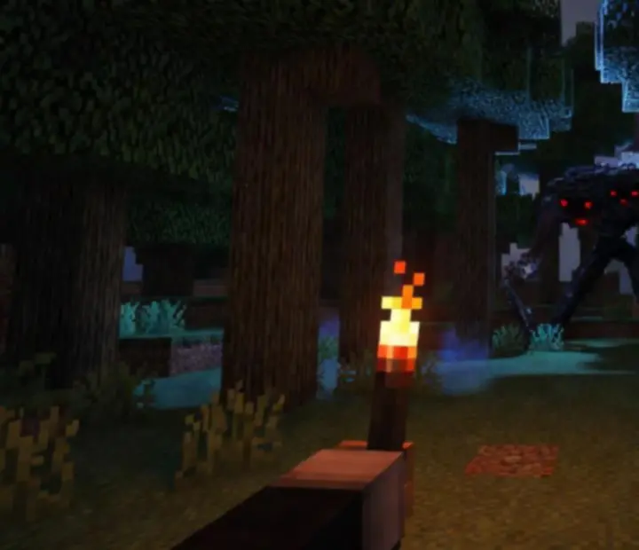 Player exploring a dark Minecraft landscape at night with a distant AI presence watching