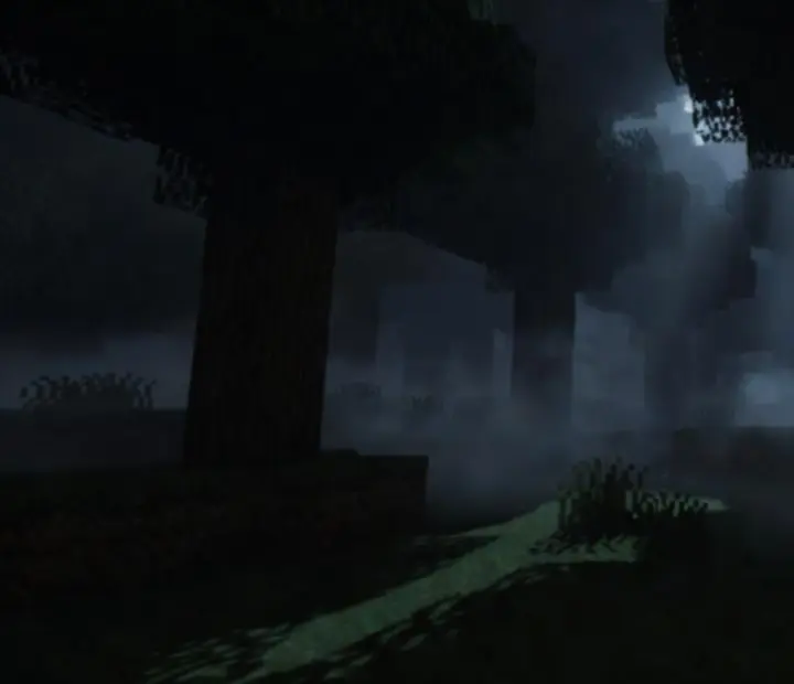 Dark Minecraft-inspired forest atmosphere used as a backdrop for Verity Mod