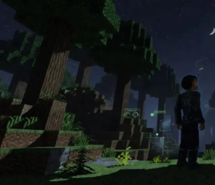 Abstract dark AI silhouette in a Minecraft-style forest representing Verity Mod