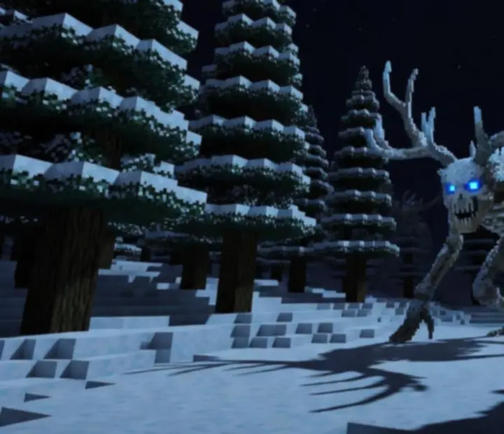 Wendigo-like creature in a snowy Minecraft forest at night
